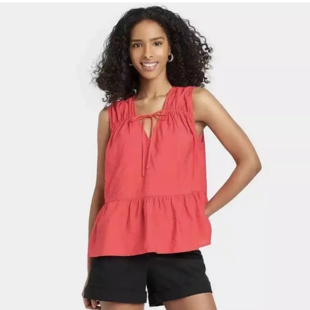 A new Day sleeveless tank top smocked v-neck pleated tie mango berry pink size S